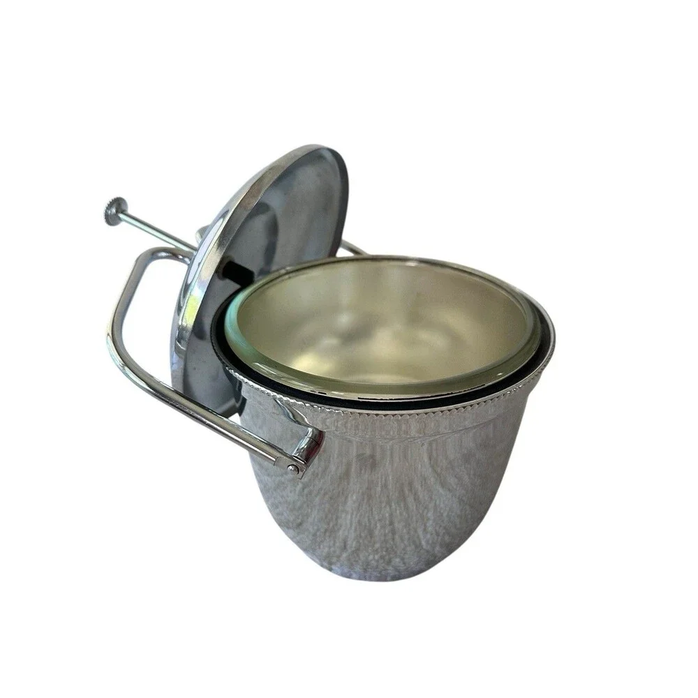 Vintage Silver Tone Ice Bucket MCM Champagne Cooler Lidded Swing Handle Bar